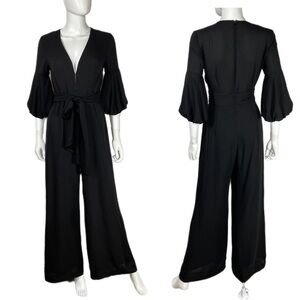 Reina Diaz Deep V-Neck Bishop Sleeve Black Pantsuit Jumpsuit
